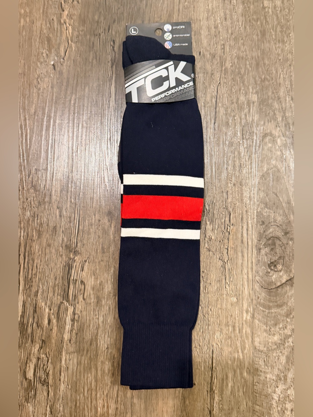TCK Performance Navy Socks with Red and White Stripe Detail